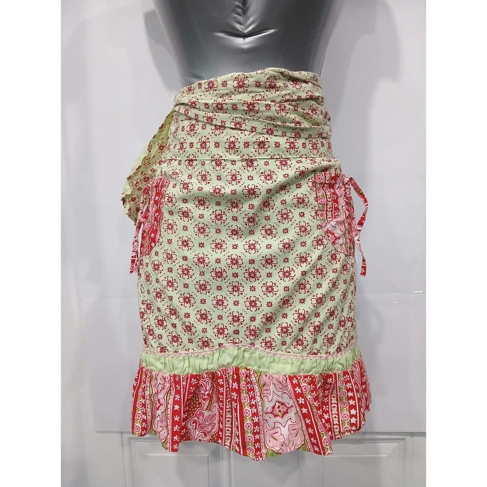 Funktion Red‎ Lime Green Floral Cotton Ruffle Half Apron Bohemian Cottagecore